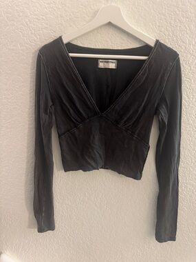 NEW We the Free Black Cropped V-Neck Ivy Long Sleeve Top - Washed Finish Small